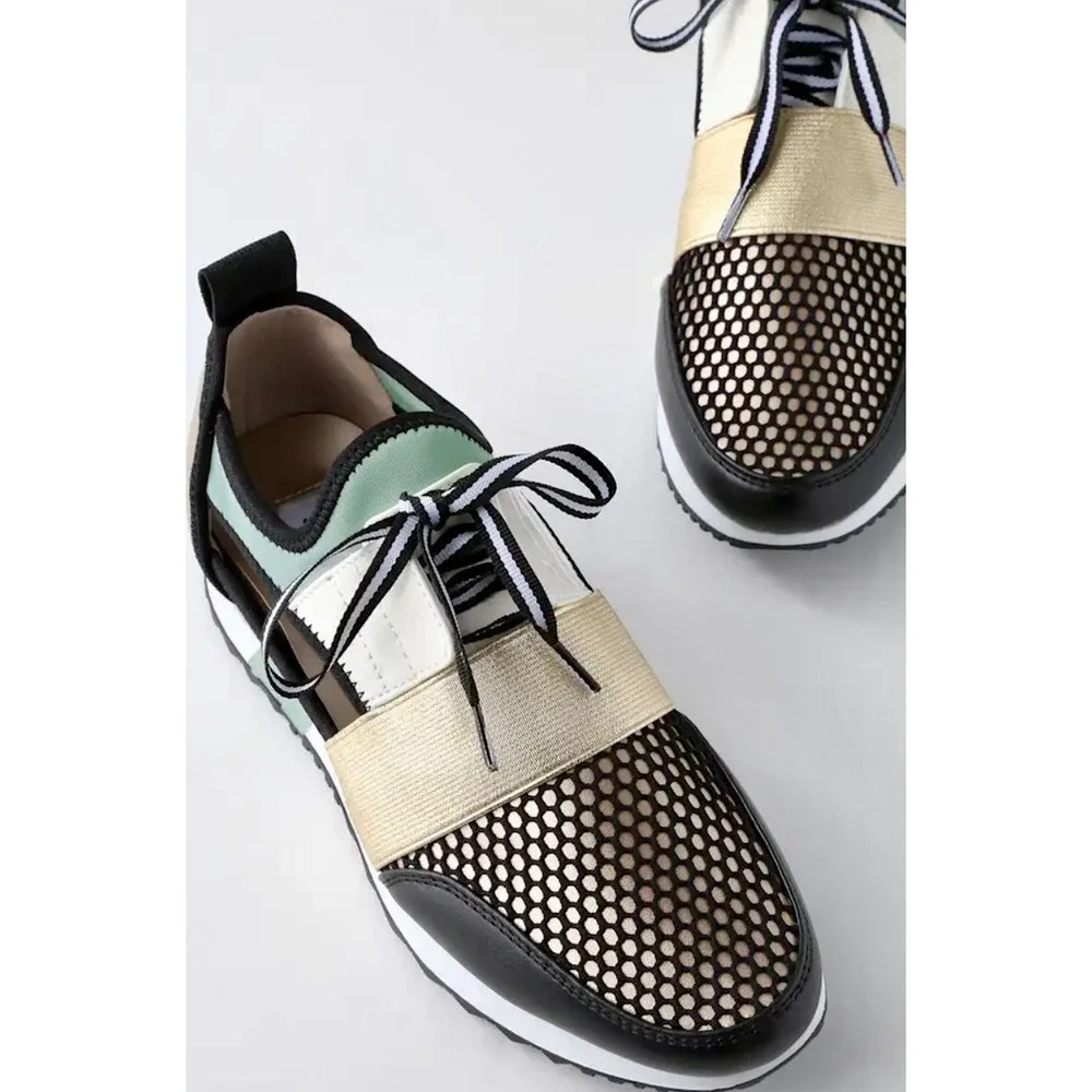 Steve Madden Cutout Mesh Sneakers Women's Size 6.5 Mint‎ Gold Black White